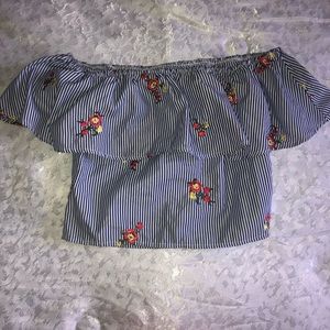 Blue and white striped off the shoulder blouse